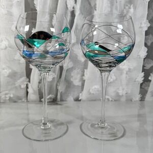 2 Luminescence Handpainted Mouth Blown Balloon Wine Glasses Lead-Free Crystal